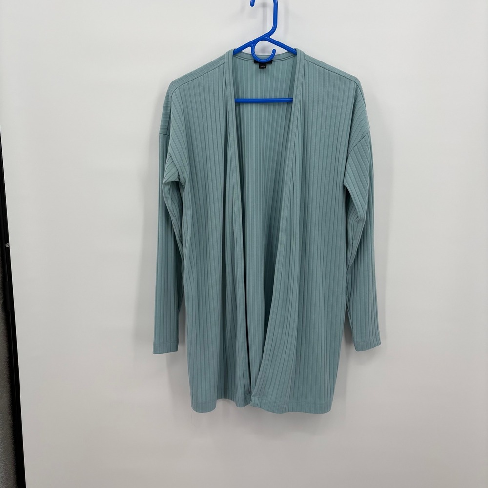 Ann Taylor Womens Small Sage Green Ribbed Open Front Longline Cardigan Sweater